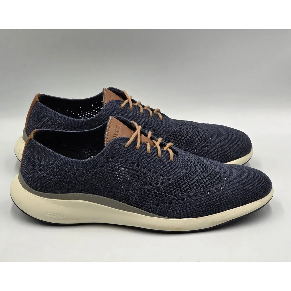Cole Haan Mens Grand Troy Knit OX Marine Navy Blue Ivory Dress Shoes Size 8